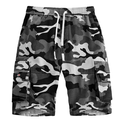 APTRO Mens Elastic Waistband Cotton Cargo Shorts Relaxed Fit Summer Casual Shorts A901 Gray Camo 5XL