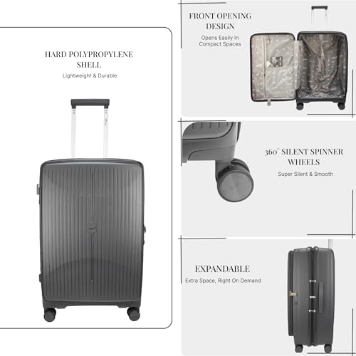 Image of F Gear Myton Dark Grey Small Cabin Front Opening Hard Luggage | Lightweight Expandable Carry-On Suitcase with 360 Spinner 8-Wheels, Built-in TSA Lock, Anti-Theft Zipper & 3-Level Telescopic Trolley