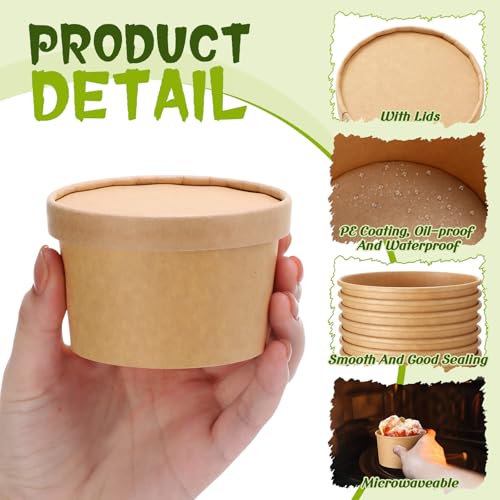 Image of Fulmoon 5 oz 100 Pack Paper Containers with Lids Soup Bowl Cup, Brown | Disposable Ice Cream Cup, Kraft Food Containers with Vented Lid Stackable for Hot Soup Dessert Cake Fruit Microwave Takeout