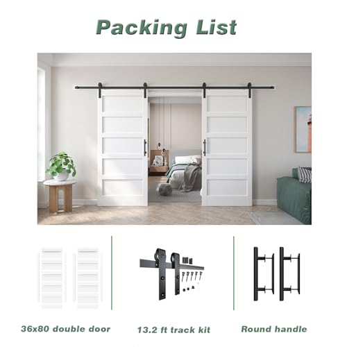 Image of FREDBECK White Barn Door 72x80 (Double 36in x 80in) with Hardware Kit & Handle Included,5-Panel Interior Doors,Water-Proof PVC Surface,Pre-Drilled Holes,Need Assembly