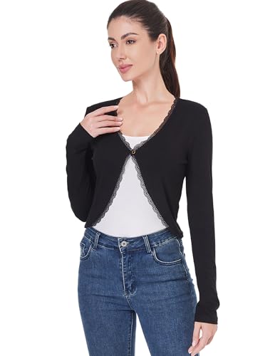 Image of AmelieBoutik Women Long Sleeve Lace Trim Open Front Bolero Shrug Cropped Cardigan