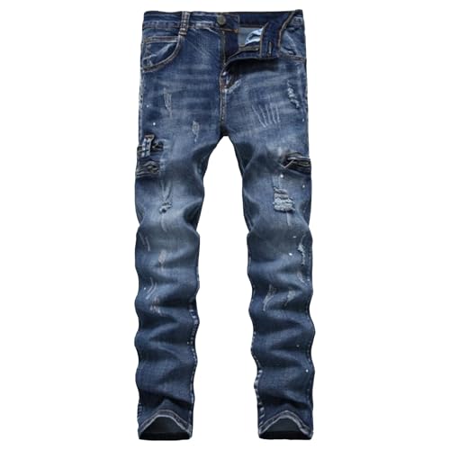 Men's Biker Zipper Deco Jeans Destroyed Zipper Pocket Casual Denim Pants Washed Regular Fit Bike Jeans