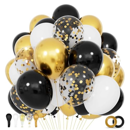 68Pcs Black White Gold Balloons with 12 Inch Black Gold Confetti Balloons for Graduation Birthday Wedding Party Decorations