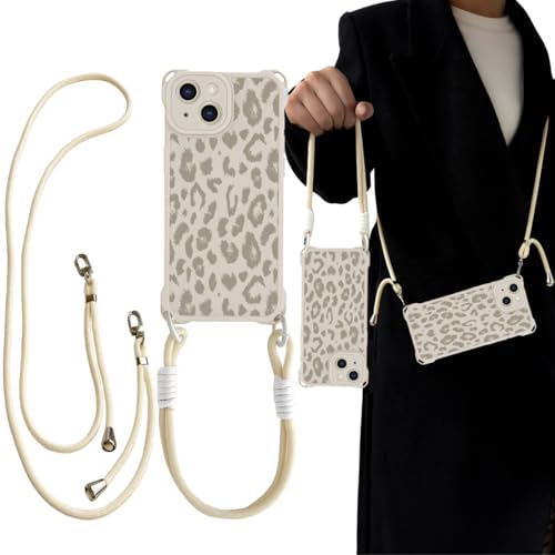 Tedyhulle Handykette für iPhone 14 Hülle mit Band Necklace Handyhülle Aesthetic Leopard Muster Mädchen Design Dünn Weich TPU Bumper Silikon Case Schutzhülle mit Demontage Halskette Beige