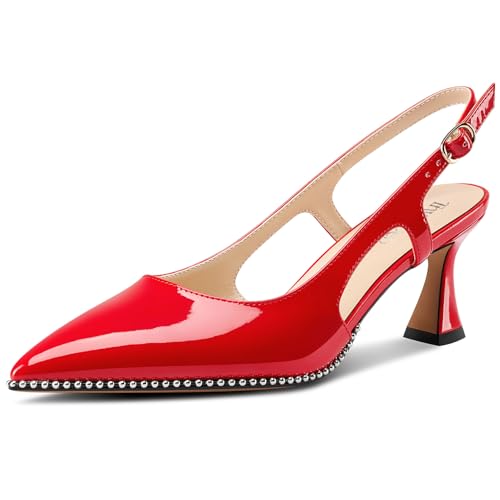 Image of TNYNFBEB Womens Kitten Heel Pointed Toe Pumps Sliver Beaded Slingback Slip-on Buckle Prom Dress Basic Classic Patent Leather Summer 2.6 Inches Heels