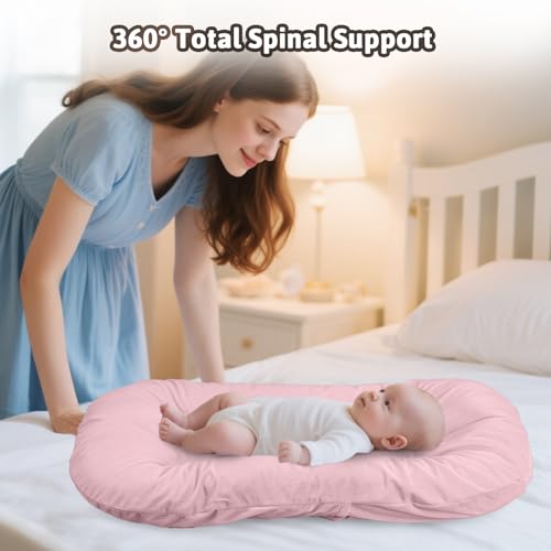 Image of Baby Lounger, Baby Lounger for Newborn 0-24 Months, 100% Breathable Cotton Baby Nest for Tummy Time & Diaper Changes, Portable Infant Essentials for Home & Outdoor(Pink)