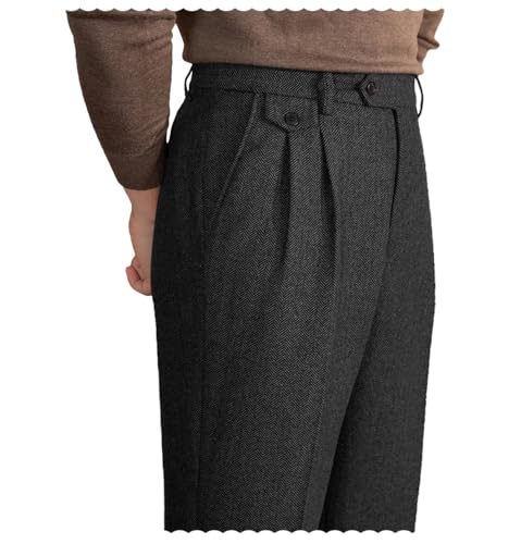 Mens Pants Tweed Herringbone Vintage Dress Pant Trousers Regular Fit Suit Pants for Men Black38W×30L