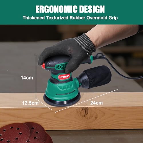 Hychika Random Orbital Sander, 300W 12000OPM Orbital Sander, 6 Variable Speeds,16 Sanding Discs(125Mm), With Dust Collection And Quick Braking Functionality, For Sanding And Polishing Wood - 2