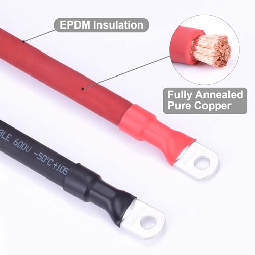 Image of 4 /0 AWG Flexible Battery Cable with 5 /16 inch Terminals - OFC Pure Copper Inverter & Welding Wire for Automotive Solar RV Motorcycle (Red + Black 1FT Pair)