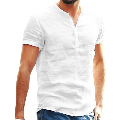 Men Solid Stand Collar Street Shirts Normal Thin Cotton Linen Cool T Shirt Summer Quarter Button Pullover Tops (White,Medium)