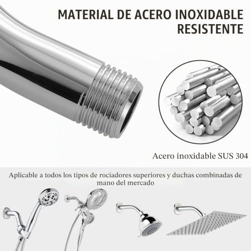 Miniatura 2 de Brazo De Ducha Con Brida Y Cinta De Politetrafluoroen, Brazo De Ducha Alargado De 15cm Voolan Para Ducha Fija En Baño, Acero Inoxidable Sólido, Montado En La Pared Cromo