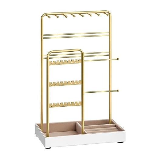 SONGMICS Jewelry Holder, Jewelry Organizer, Jewelry Display Stand with Metal Frame and Velvet Tray, Necklace Earring Bracelet Holder, for Studs, Rings, Gift Idea, Gold Color UJJS021A01