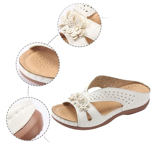 Spring Shoes for Women 2025,White Wedge Sandals for Women,Floral Sandals for Women,Slip on Dressy Summer Comfortable Slides Sandals,Lightweight Memory Foam Platform Shoes3