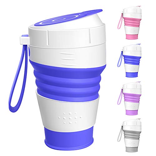 Rhino Valley Copa Plegable de Viaje de Silicona, Vaso Portátil con Tapa de 450ml/ 15oz, Taza de Café Reutilizable con 1 Pajita a Prueba de Fugas sin BPA para Senderismo al Aire Libre, Camping - Índigo
