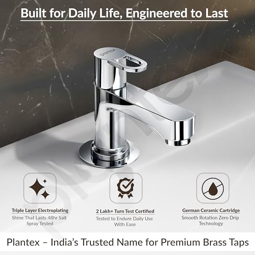 Image of Plantex Pillar Cock Water Tap /Pure Brass Pillar Cock for Wash Basin with Teflon Tape /Single Lever Tabletop Basin Tap - (Flip, Chrome)