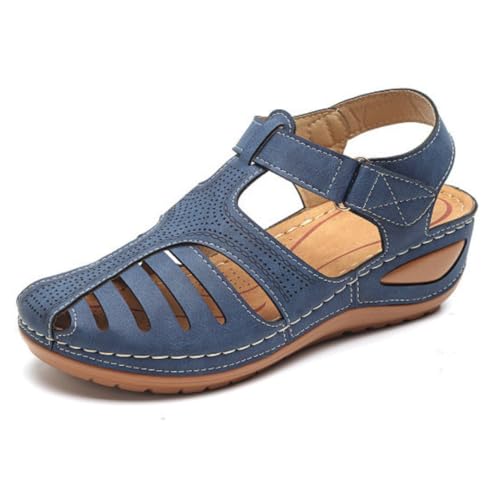Sandalias ortopédicas retro de cuero para mujer con diseño casual en color azul