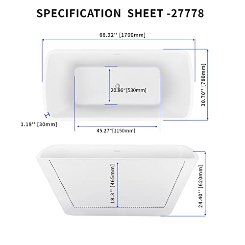 Image of 67 inch Lucite Acrylic Freestanding Bathtub, Trapezoidal Shape Contemporary Soaking Tub with Toe-tap Chrome Center Drain, Slotted Overflow, cUPC Certified, Glossy White