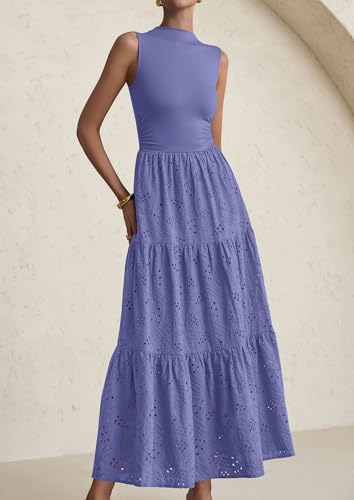 Image of PRETTYGARDEN Summer Dresses for Women 2026 Casual Eyelet Sleeveless Wedding Guest Maxi Dress Tank Top Sundress with Pockets