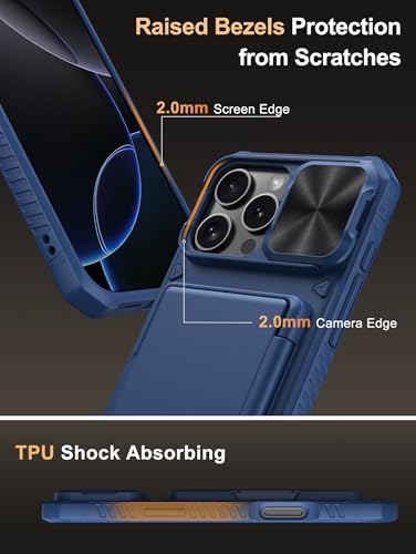 Image of Vihibii PC + Silicone Wallet Case With Card Holder(4 Cards) [RFID Blocking]&Slide Camera Cover&Raised Edges Protect Screen,Shockproof Rugged Case For iPhone 16 Pro Max 6.9 inch 2024,Blue