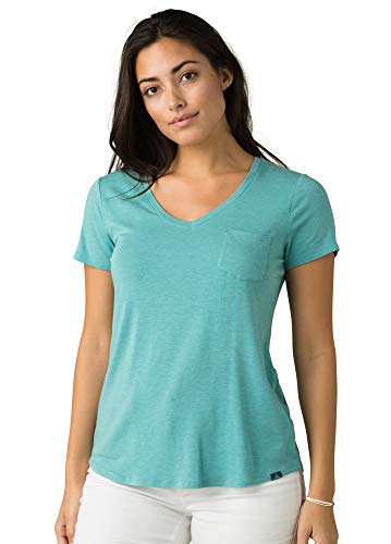 prAna Womens Foundation Short Sleeve Vneck, Azurite Heather, Large