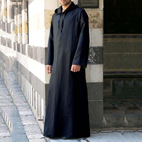 Men's Muslim Arab Caftan Long Sleeve Button Up Long Gown Drawstring Cotton Linen Hooded Muslim Robe Mens Clothing2