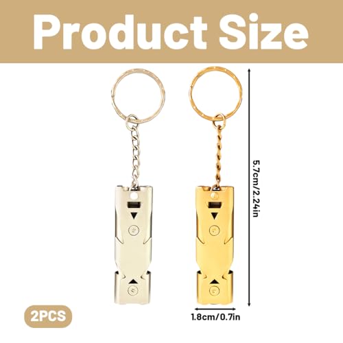 Image of Whistle High Sound, 2 Pack Double Tube Loud Whistle for Camping, Sports Whistles for Coaches for Hiking, Survival, Sports, with Keychain, 5.7cm x 1.8cm, Gold and Light Gray