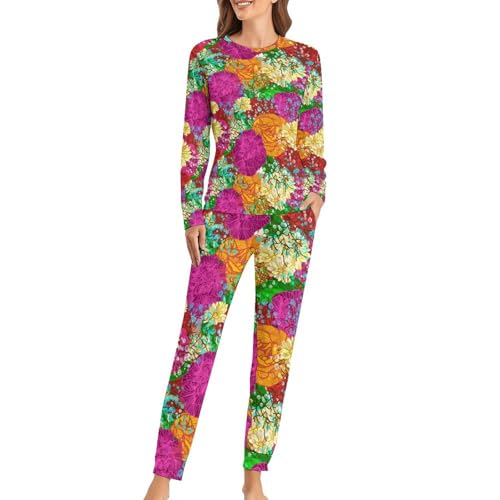 Pyjama femme fleurs colorées avec t-shirt manches longues et pantalon de nuit