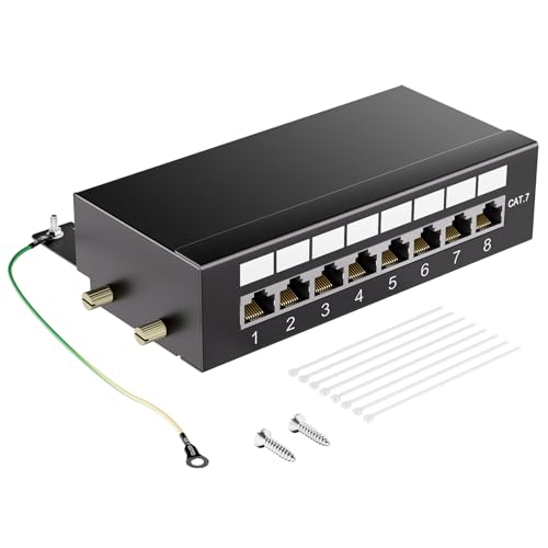 LEENUE Geschirmtes 8 Port CAT7 Patchpanel Verteilerfeld 10 Gbit/s Vergoldete Patch Panel für Cat7/6A/6 Verlegekabel Metallgehäuse mit Erdung für Wandmontage und Heimvernetzung