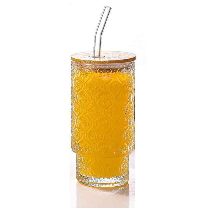 Image of WEZOSHINET Glass Sipper Mugs with Wooden Lid & Straw Pack of 1, 300ml Clear Textured Embossed Drinking Glasses Tumbler for Iced Coffee Beer Cocktail Home & Travel Cup (Embossed)