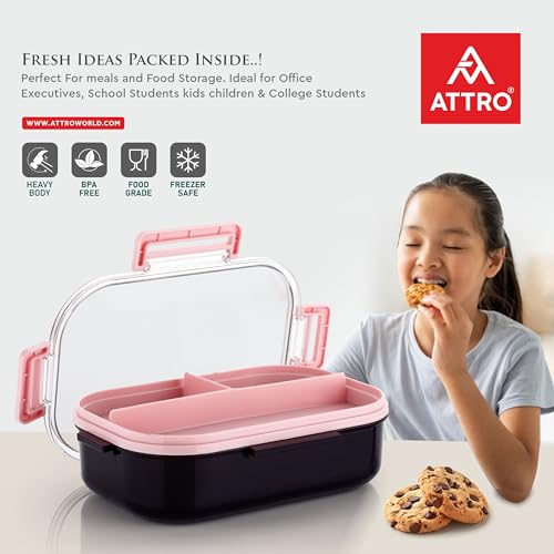 Image of ATTRO Carry Fresh Kids Plastic Lunch Box 3 Compartments & Fork, BPA-Free, Food-Grade, Ideal for School, Picnic, Travel & Outdoor Use- Purple Pink, 500 ml