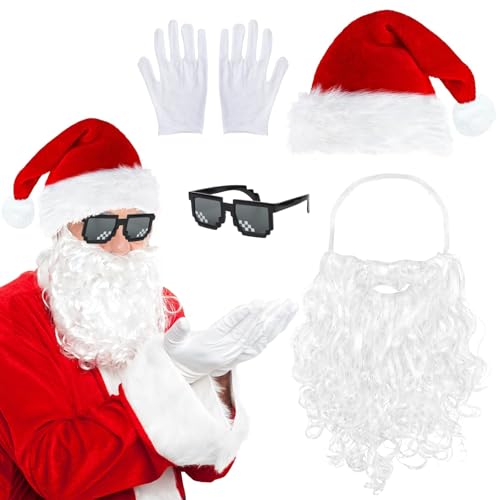4 Stück Weihnachtsmann Kostüm Set, Weihnachtsmann Bart Mütze Brille...