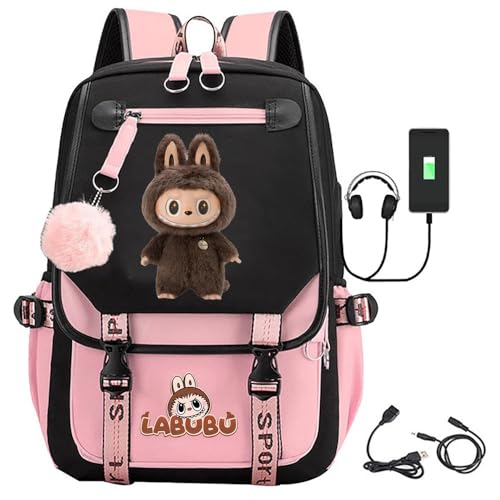 Printed Fashion Backpack with USB Port, 11.42 x 6.91 x 18.11 inches, Black and Pink