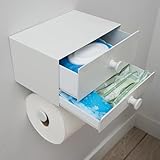 Modern Toilet Paper Holder with Storage Drawers - Toilet Paper and Wipes Holder for Bathroom - Aluminum TP Holder with Shelf and Drawers - Adhesive or Wall Screw Mounting - Withe/White Knobs