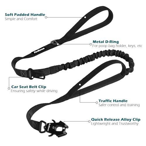 PetBonus Heavy Duty Taktische Hundeleine, 1,5m Bungee Hundeleine mit 2 Gepolsterten Griffen, Autosicherheitsgurt, No Pull Trainingsleine für Große und Mittlere Hunde (Schwarz)