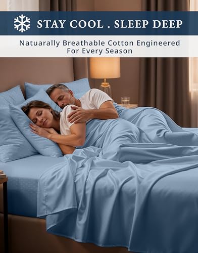 Image of LANE LINEN Extra Deep Pocket King Sheets Sateen Weave - French Blue | 100% Cotton Sheets King - 4-Piece Set, For A Luxurious Night's Sleep, For Guests And Everyday Use, Luxe Sheen,