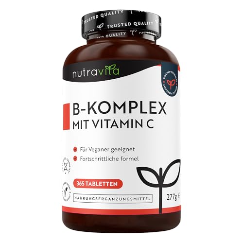 Vitamin B Komplex Hochdosiert mit Vitamin C, 365 B Komplex Vegane Tabletten mit alle 8 B-Vitaminen, Vitamin B12 hochdosiert + B1-B2-B3-B5-B6 Biotin Reduziert Müdigkeit & Erschöpfung (EFSA) - Nutravita