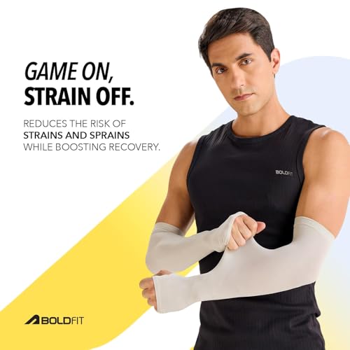 Image of Boldfit Arm Sleeves for Men & Women UV Protection Hand Sleeve with Thumb for Boys & Girls Sun Protection Cover for Running, Bike Riding, Cricket - Off-White- 2 Pair