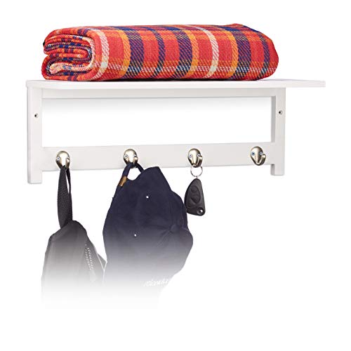 Relaxdays Estante de Pared con 4 Ganchos, 17,5 x 50 x 16 cm, bambú, toallero, Perchero, Libre, Blanco - imagen 6