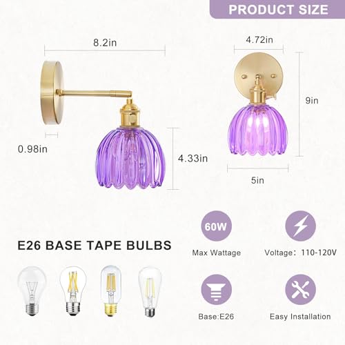 Image of Wall Sconces Set of Two Hardwired, Vintage Sconce Light with Tulip Purple Glass Lampshade, Bathroom Wall Lights with Switch, Gold Wall Light Sconces Wall Decor Set of 2
