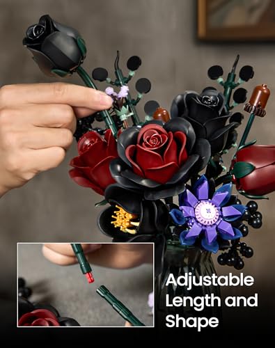 Image of iATOM Black Burgundy Red Rose Bouquet Building Set, Compatible with Lego Flowers for Adults - Halloween Botanical Collection - Gothic Artificial Flowers Home Decor - IA11015