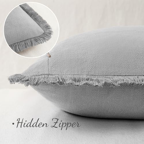 Image of MIULEE Decorative Throw Pillow Covers Neutral Linen Fringe Throw Pillows Euro Shams Set of 2 Light Grey Boho Farmhouse Cushion Covers for Couch Sofa Bed Living Room Spring Home Decor 24x24 Inch