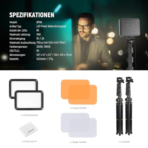 NEEWER Basics Studio Panel Key Light Set, 2 Stück Bi Farbe LED Videolicht mit Stativ Ständer & Filter, Dimmbar Portable 3200K-5600K CRI95 750lux für Fotografie Aufnahme Streaming Podcast, BP66