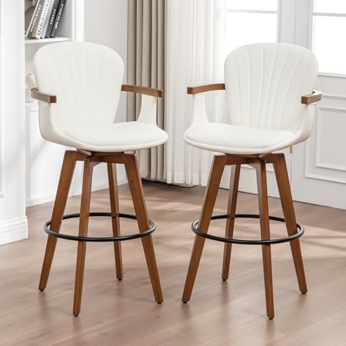 Image of LUNLING 26 inch Counter Height Stools Set of 2,Mid Century Modern Bar Stools,White PU Leather Kitchen Island Stools,Wood High Barstools Swivel with Back and Arms for Home Bar Furniture