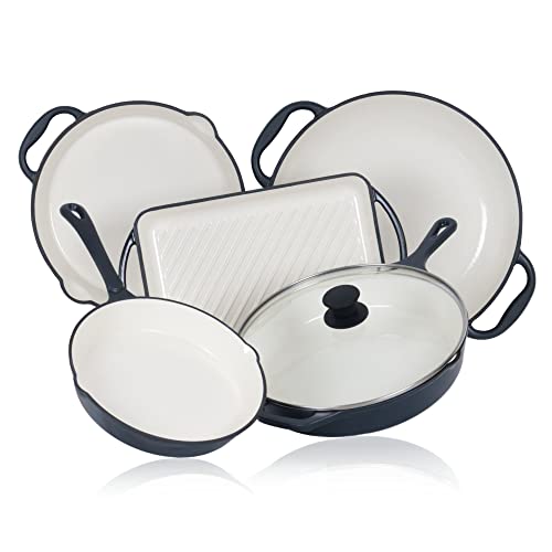 Mahlzeit Lot de 5 Poêles en Fonte | Avec Griller, Plaque de Cuisson et Paella | Fonte Émaillée Universelle pour Steak (Blue Berry)