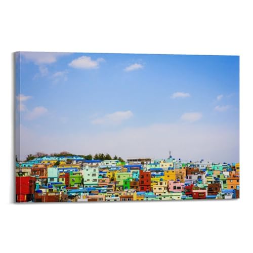 Peinture sur toile Hillside Dwellings poster de paysage coloré pour une maison inspirante
