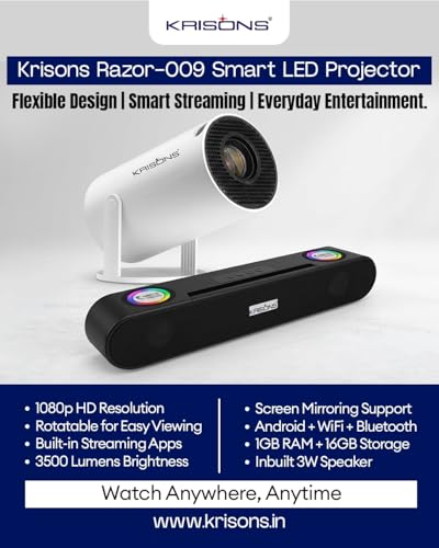 Image of Krisons Zytel-003 Smart LED Projector with Free 20 Watts SoundBar,1080p HD Resolution, Rotatable Design, Built-in Streaming Apps(Netflix etc.), 3500 Lumens, Screen Mirroring,1+16GB,Android+BT+WiFi