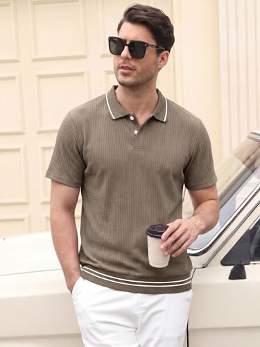 Camiseta polo texturizada para hombre, manga corta, cuello con ribete contrastante, ajuste clásico, informal, ideal para golf miniatura 3