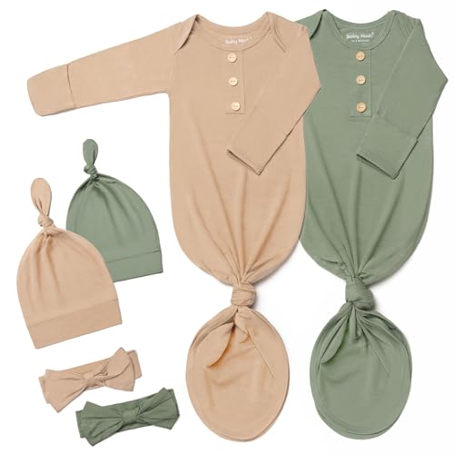 Image of Baby Noah Newborn Knotted Gown Set with Hat and Headband, Soft Tie Bottom Newborn Sleepers for Baby Girl Boy (2 Packs)
