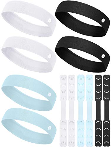6 Pieces Button Headband Non-slip Elastic Hair Bands with Button and 6 Pieces Adjustable Ear Strap Extender Hook for Men Women, 3 Colors