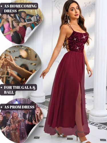 Image of ShawGobow Tulle Prom Dress with Slit,Sequin Backless Long Flowy Dresses for Women,Sexy Sparkly Outfits Homecoming Wedding